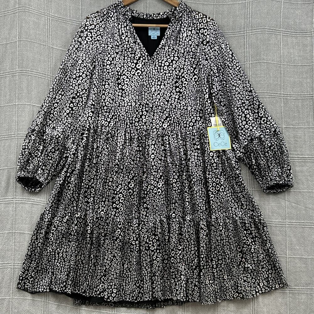 CeCe Sparkle and Shine Tiered Dress Plus Size 1X Black White V-Neck Metallic NWT